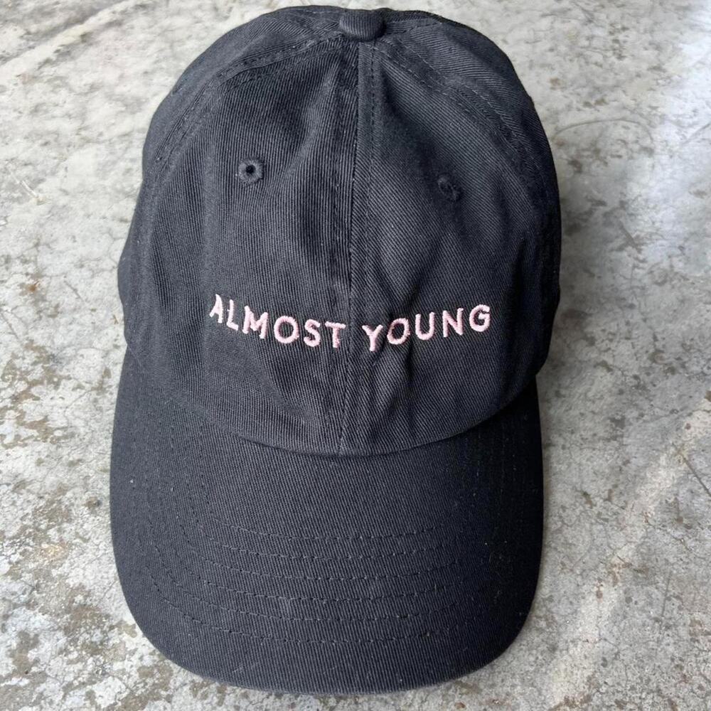 Black Embroidered "ALMOST YOUNG" Dad Hat Pink Lettering Adjustable Cotton Cap